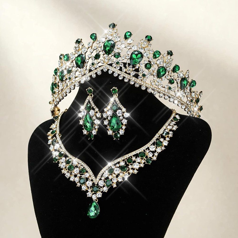 NWT Sparkling Bling Crystal Rhinestone Emerald Green Tiara Necklace Set - Picture 6 of 16